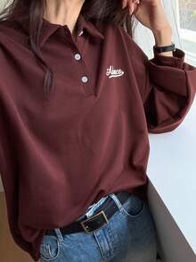 DAZY Women's Long Sleeve Polo Neck Letter Print T-Shirt, Autumn Preppy Tops,Fall Women Clothes - Burgundy - View 9