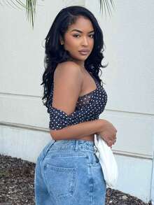 Alexandranx 优雅派对网纱波点不对称肩部女士新年上衣 - 黑色 - 查看 5