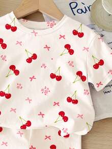 SHEIN 2pcs/Set Young Girl Casual Loose Fit Cherry, Floral, Bow Print Short Sleeve Round Neck T-Shirt And Skinny Cycling Shorts, Suitable For Spring/Summer Daily, Home, School, Outings - Multicolor - View 4