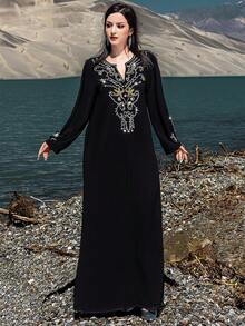 Layrah 5217 黑色高亚麻女士时尚优雅珍珠装饰钥匙孔领长袍 - 黑色 - 查看 7