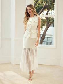 MOTF PREMIUM WOMEN'S ROMANTIC LACE PATCHWORK PLEATED A-LINE SKIRT, SUITABLE FOR SPRING/SUMMER DATES - White - View 5