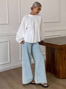 Livesso 女式夏季露背蝴蝶结长袖衬衫学院风上衣秋季上衣 - 白色 - 查看 7