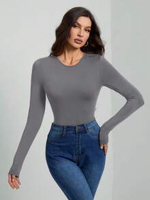 SHEIN Tall 女款灰色長袖連身衣，夏季基礎日常修身純色T恤連身衣，女裝，適合高個子女性 - 灰色 - 查看 4