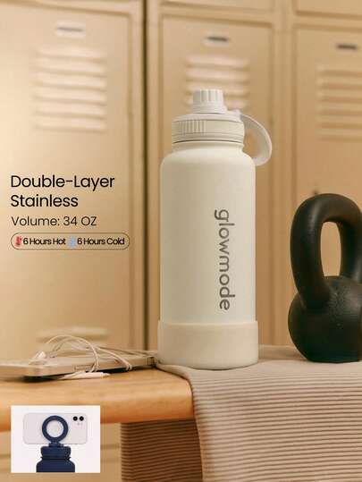 GLOWMODE 1L Botella de agua de acero inoxidable de doble capa con asa de bucle, soporte magnético para teléfono y base antideslizante, para uso diario, oficina y actividades
