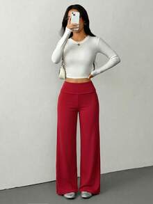SHEIN PETITE Quần thể thao nữ màu trơn, cạp gập, ống rộng, dáng suông, thoải mái, dễ phối đồ mặc nhà mùa thu đông, quần đỏ nữ, quần ống rộng màu đỏ, quần palazzo ống rộng. - Màu Đỏ Sâu - Xem 4