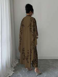 SHEIN Elenzya Elegant High Collar Floral Print Midi Dress With Cape - Coffee Brown - View 2