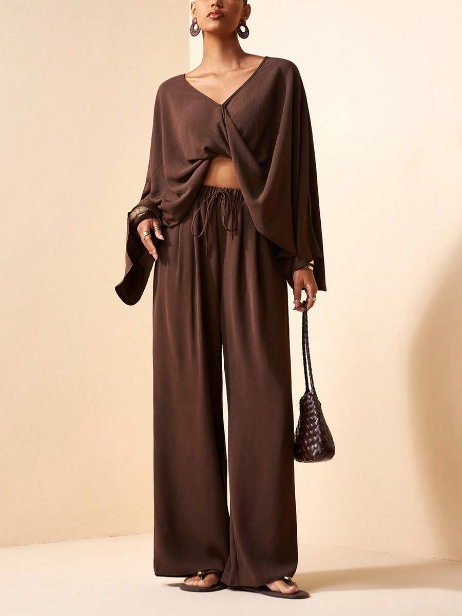 Zivah 2026年春季地中海度假、音乐节、复活节、西部风情、游牧风、生日派对、休闲、度假、海滩、婚礼、通勤装，V领，七分袖，宽松，宽松衬衫搭配松紧腰直筒裤套装 - 棕色 - 查看 1