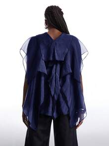 SHEIN EZwear 大码女式藏蓝色荷叶边领纽扣前襟网纱拼接优雅波西米亚风衬衫 - 藏蓝色 - 查看 2