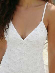 CAJUNI 女士提花优雅收腰吊带连衣裙，适合约会和外出穿着 - 白色 - 查看 4