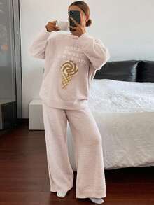 DAZY 女士两件套冰淇淋印花抓绒针织宽松睡衣套装 - 粉色 - 查看 6