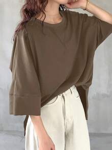 FRIFUL 女士休闲宽松纯色圆领侧开衩T恤，夏季