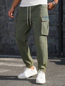 Manfinity Homme Men's Casual Streetwear Washed Tapered Cargo Jeans Beach Olive Green Summer - Multicolor - View 4