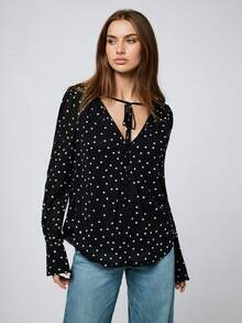 Maija Women's Casual Polka Dot Print Flare Sleeve Blouse, Autumn - Black - View 9