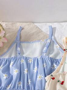 SHEIN Elladie kids 2pcs/Set Tween Girls Summer New Off Shoulder Adjustable Strap Patchwork Cake Hem Cherry Print/Blue Plaid Daisy Print Cute Simple Elegant Casual Vacation Dress Set - Multicolor - View 7