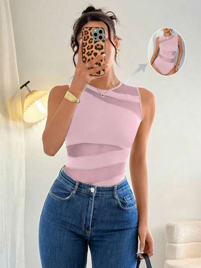 Rafferiza Elegant Sexy Fashion Black Round Neck Sleeveless Fitted Asymmetrical Geometric Mesh Patchwork Knitted Bodysuit For Women, Spring/Summer Bodysuit Top See Through Tops