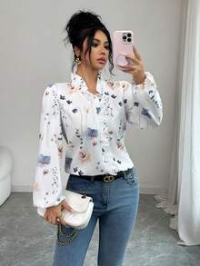 SHEIN PETITE Women's Fitted Floral Print Long Sleeve Blouse With Frill Trim - Multicolor - View 1