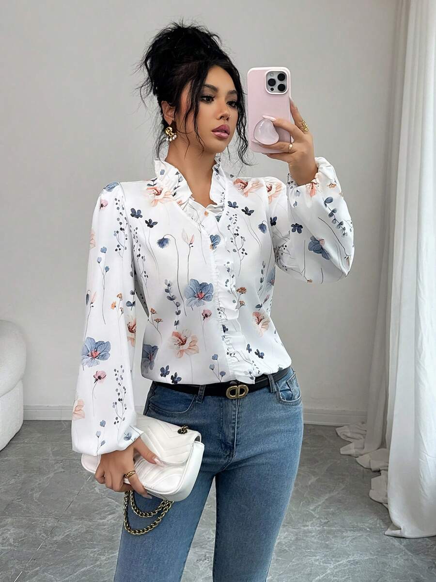 SHEIN PETITE Women's Fitted Floral Print Long Sleeve Blouse With Frill Trim - Multicolor - View 1