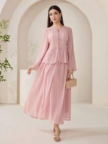 Veilorie 女士纯色长袖单排扣衬衫和中长裙优雅两件套 - 粉色 - 查看 3