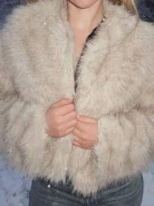 Turnttoni Women's Solid Color Long Sleeve Casual Fluffy Jacket In Fall/Winter - Khaki - View 3