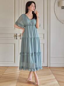 DAZY Đầm maxi nữ thanh lịch màu trơn cổ chữ V viền bèo, đầm dự tiệc cưới mùa hè, đầm maxi chống nắng. - Màu xanh lam - Xem 6