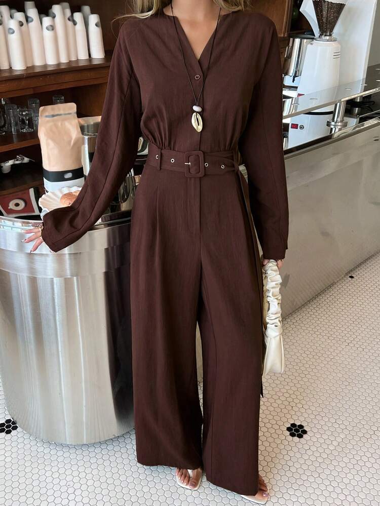 Women's Casual Solid Color Belted Jumpsuit, Spring/Summer Lounge Sets For Women