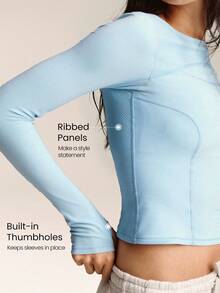 GLOWMODE FeatherFit™ Momentum Buttery-Soft Stretchy Dividing Seam Waist Length Long Sleeve Tee Top With Thumbholes Low Impact Yoga Studio Daily Casual Wear - Blue - View 4