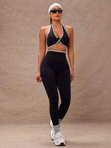 Lumalex 女士纯色拼接无袖简约上衣和长裤瑜伽撞色运动套装健身女套装女紧身裤套装健身房女装 - 黑色 - 查看 3