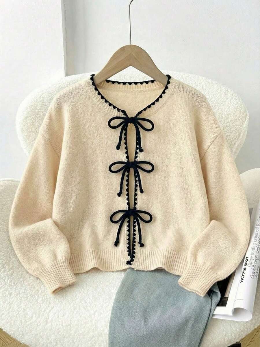 SHEIN Frenchy Áo cardigan dệt kim màu mơ Pháp ấm áp, thanh lịch, kiểu dáng thường ngày, phù hợp cho công sở, với cổ áo và nơ tương phản, thoải mái và ấm áp, thích hợp cho mùa xuân/hè, dành cho nữ. - Nhiều màu - Xem 1