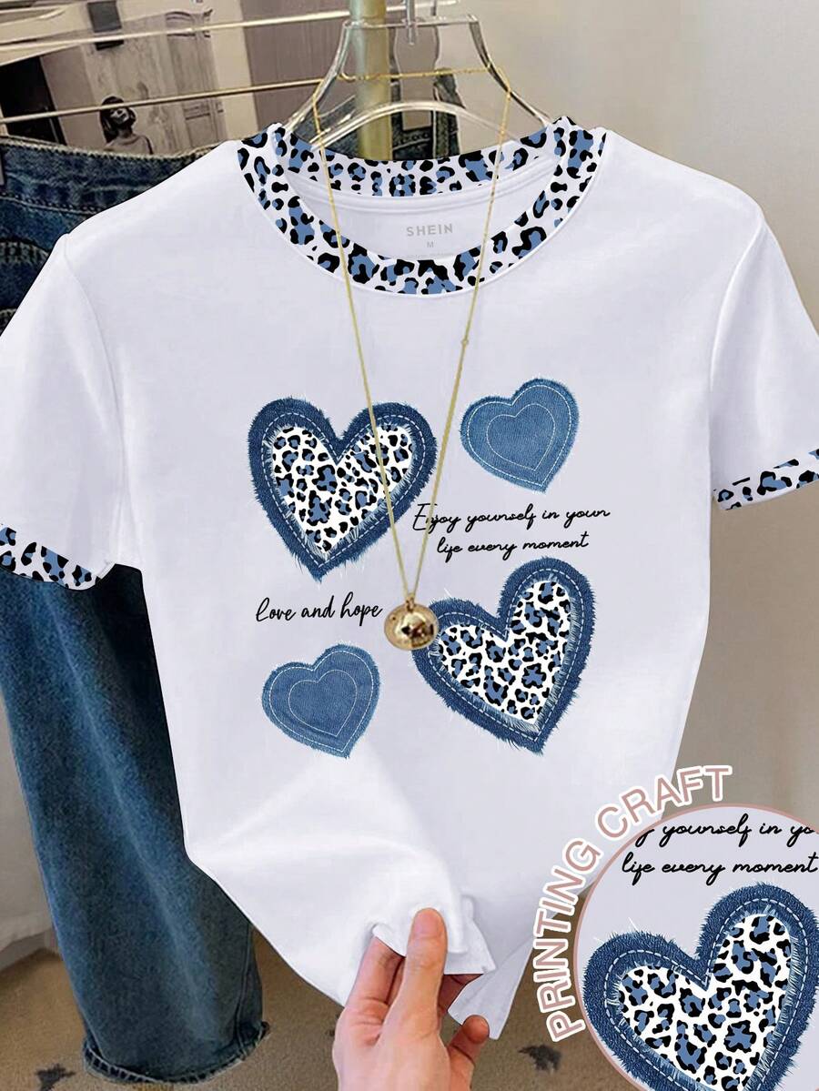 Resyla 女士休闲爱心印花拼接豹纹饰边圆领T恤，夏季 - 白色 - 查看 1