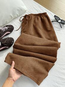 SHEIN EZwear 大码休闲直筒裤，抽绳腰带，灯芯绒面料，牛仔蓝 - 駝色 - 查看 1