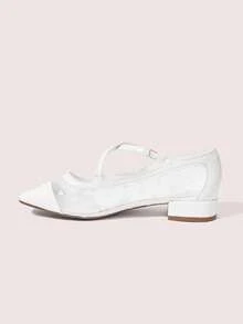 CUCCOO DOLLMOD 女士象牙色爱心网眼透气时尚可爱优雅学院风百搭交叉绑带玛丽珍低跟鞋 - 白色 - 查看 10