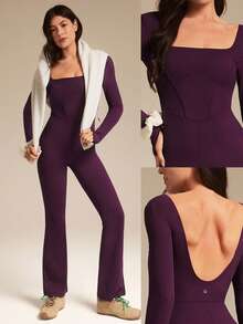 GLOWMODE FeatherFit™-Air 防晒无褶皱轻盈方领露背长袖喇叭裤连体衣，带拇指孔，适合日常休闲穿着，低冲击力，可拆卸胸垫 - Bold Plum - 查看 9