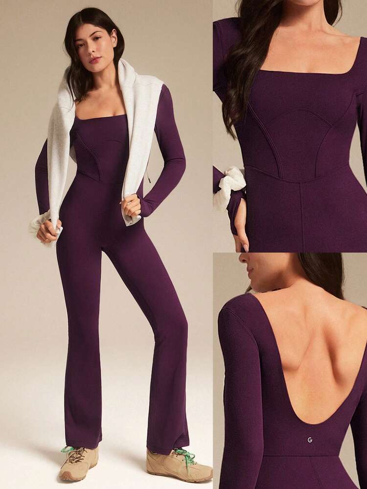 FeatherFit™-Air Sunproof Flare Free Lightweight Square Neck Open U Back Long Sleeve Flare Leg Bodysuit With Thumbholes Low Impact Daily Casual Wear Removable Cups