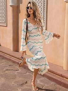 GlowEve Casual Vacation Style Wave Pattern Hollow Out Flare Sleeve Women Knit Dress - Multicolor - View 6