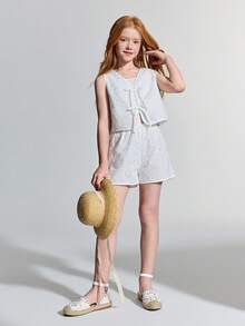 Maija Kids Maija Kids 2pcs Tween Girl Floral Trim Sleeveless Crew Neck Top And Elastic Waist Shorts Set - White - View 5
