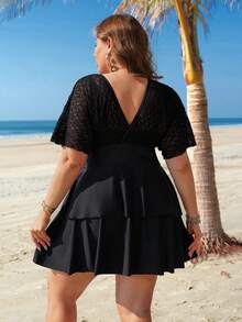 Swim Lushoire Bộ đồ bơi 2 mảnh dành cho nữ cỡ lớn: váy xếp tầng, áo tay ren và quần bơi màu trơn. - màu đen - Xem 2