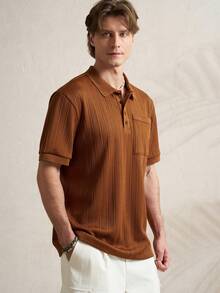 TONEVAULT 男士焦糖棕色短袖针织 Polo 衫，带胸袋和纽扣门襟 - 透气、柔软、舒适，常规版型，经典翻领 Polo 衫，适合夏季休闲商务场合 - 棕色 - 查看 2