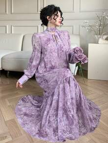 DAZY Đầm nữ thanh lịch in hoa, cổ buộc dây, tay phồng, dài ngang gối, thích hợp cho tiệc cưới mùa xuân/hè. - Màu tím - Xem 8