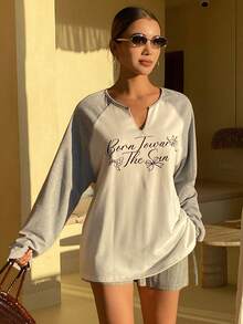 DAZY Women's Letter & Bow Print Contrast Color Raglan Long Sleeve Casual Loose T-Shirt - White - View 3
