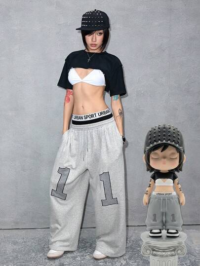 ROMWE Avant Pantaloni casual larghi da donna con vita con laccio e stampa a lettere