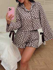 Romantic Heart Print Tie-Up Bow Women's Pajama Set - Coffee Brown - View 5