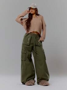 MUSERA Ribbed Knit Graphic Detail Zip Through Cardigan Hoodie Streetwear Coolgirl Winter Sexy Casual Odd Drift - Khaki - View 3