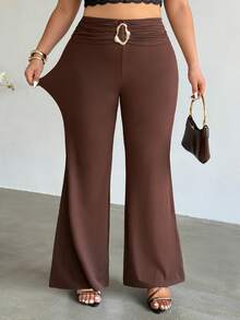 Firerie Quần legging ống loe cạp cao, màu trơn, cỡ lớn, đính kim loại. - Cà phê nâu - Xem 7