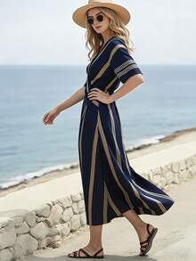 SHEIN Holidaya Cross-Wrap Cinched Waist V-Neck Blue & Yellow Striped Dress For Women, Vacation - Navy Blue - View 6