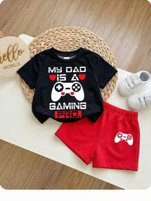 SHEIN 男婴休闲简约新款舒适Y2K电子游戏爱心元素运动T恤套装，适合春夏穿着 - 彩色 - 查看 2