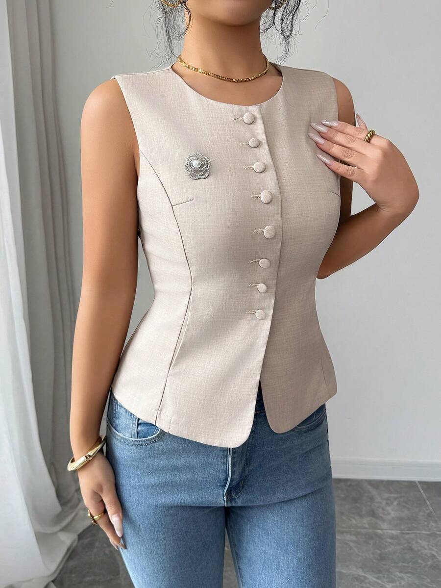Modelyn Women's Solid Color Round Neck Sleeveless Front Button Elegant Versatile Tank Top - Khaki - View 1