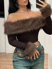 SHEIN ICON Chic Women's Off Shoulder Long Sleeve Crop Top In Rust Brown Knitted Fabric With Contrast Faux Fur - Rust Brown - View 5