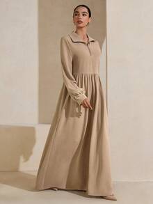 Graceveil Đầm nữ màu trơn cổ bẻ, khóa kéo, cài khuy nửa thân, tay phồng, kiểu dáng thường ngày, thích hợp cho tiệc tùng. - Màu Khaki - Xem 8