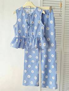 SHEIN Tween Girl Spring/Summer Casual Minimalist Fresh Woven Daisy Plaid Print Round Neck Sleeveless Bow Ruffle Hem Tank Top And Wide Leg Pants Set, Blue & White Plaid Set - Blue - View 5