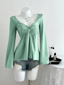 Elamini 女士休闲扭结V领长袖T恤，百搭新款式，春秋季 - 綠色 - 查看 4